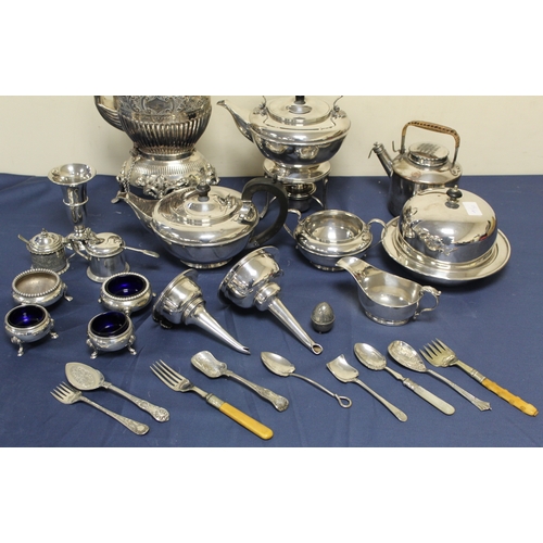 15 - Two e.p. kettles, a muffin dish and two wine funnels and various other items.