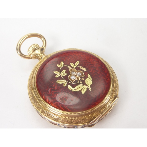 6 - Tiffany, gold and enamel level watch, nickelled movement jewelled to the centre, with wolf's tooth w... 