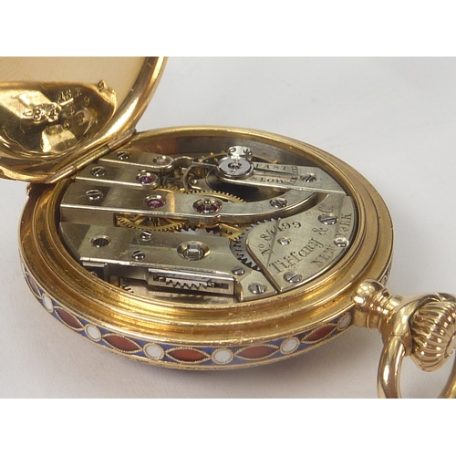 6 - Tiffany, gold and enamel level watch, nickelled movement jewelled to the centre, with wolf's tooth w... 