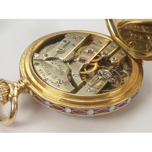 6 - Tiffany, gold and enamel level watch, nickelled movement jewelled to the centre, with wolf's tooth w... 