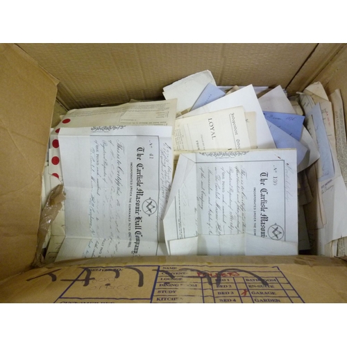 111 - Documents & Ephemera.  Box with an accumulation of old billheads, receipts, share certifica... 