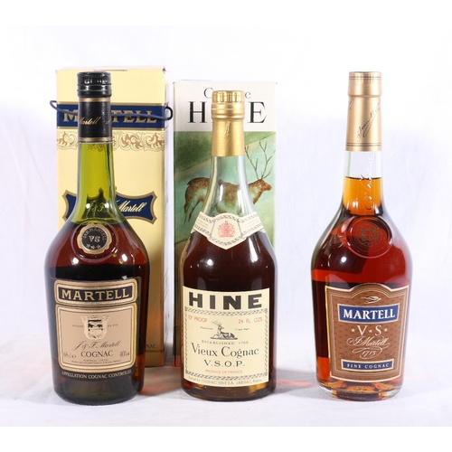 193 - HINE vsop vieux cognac 24fl ozs 70% proof boxed, MARTELL VS fine cognac 70cl 40%vol and MARTELL VS t... 