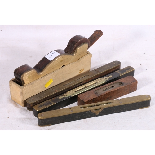 233 - Spiers of Ayr wood plane and four spirit levels including Buist of Edinburgh and Marples and Son of ... 