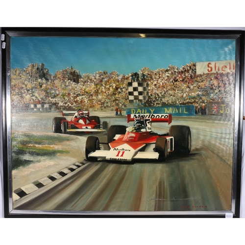 246 - DION PEARS (1929-1985)British Grand Prix 1976 Hunt's McLaren and Niki Lauda's Ferrrari Signed and da... 