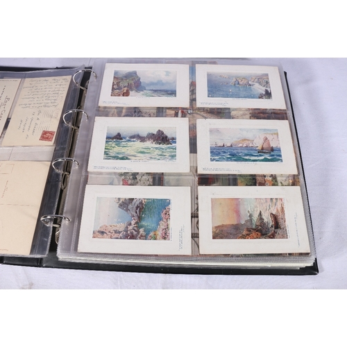 258 - An album containing over 300 postcards including Oilette Queen's doll house cards, Jersey cabbages, ... 