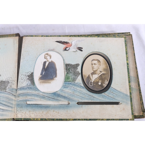 283 - Oriental lacquered and shibayama inlaid photograph album with some cards including portrait of a sea... 