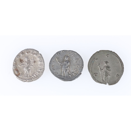 389 - Three ancient Roman coins including Gallienus AD253-268 silver antoninianus rev. CONCORDIA EXERC S10... 