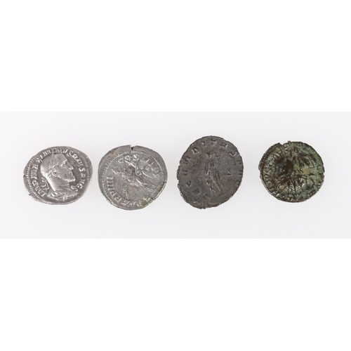 397 - Four Roman coins including Maximinus I AD235-238 silver denarius rev. FIDES MILITVM S8307, Tetricus ... 