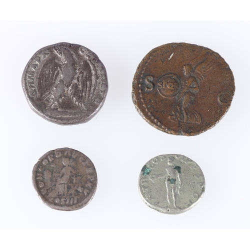 402 - Four Roman coins including Nero AD54-68 copper as S1976 obv NERO CAESAR AVG GERM...., laureate head ... 