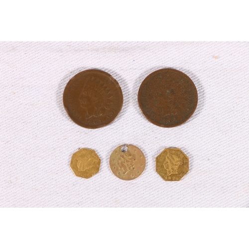 431 - UNITED STATES OF AMERICA three Californian gold rush half dollars 1871 and 1874 (2), and two Indian ... 