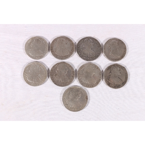 452 - MEXICO nine 8 reales coins 1784 FM, 1792 IJ, 1794 FM, 1796 FM, 1799 FM, 1806 TH, 1808 TH, 1811 HI, a... 