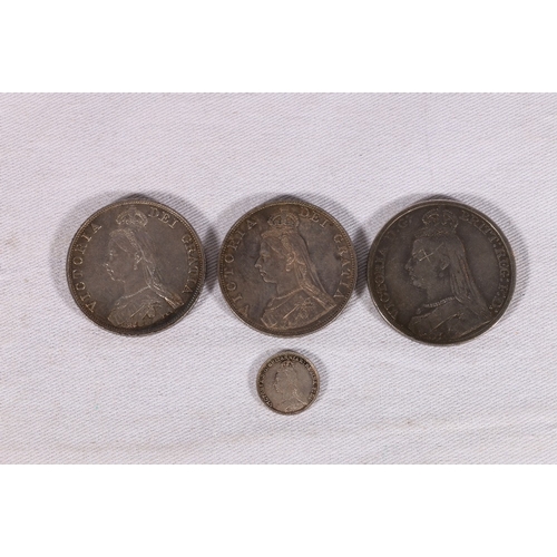 475 - UNITED KINGDOM Victoria (1837-1901) crown 1890, two double florins 1887 one nef, and a silver four p... 