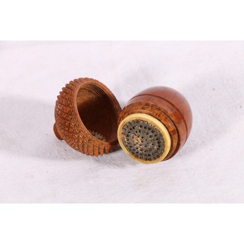 598 - Unusual burr hardwood nutmeg grater in the form of an acorn, note to interior reads 