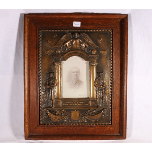 615 - WWI shrine with photograph of soldier blind stamp for J Slimming Cowdenbeath within oak frame