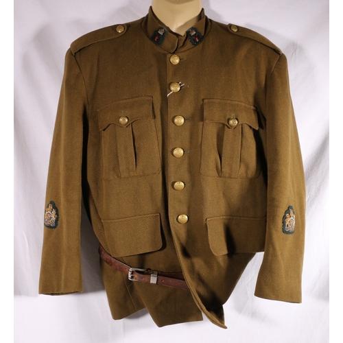 620 - Irish army uniform dress green khaki tunic with Ulster collar badges, brass thistle buttons and wire... 