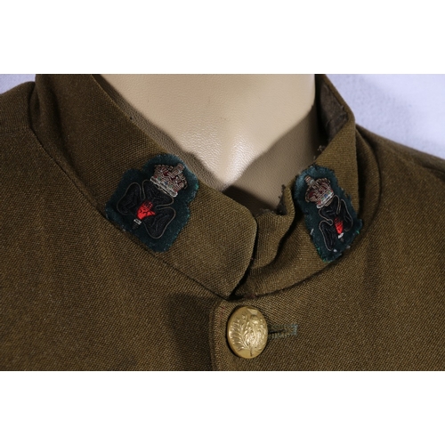 620 - Irish army uniform dress green khaki tunic with Ulster collar badges, brass thistle buttons and wire... 