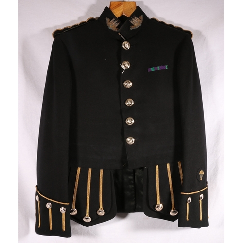 622 - King's Own Scottish Borderers uniform dress black tunic with KOSB wire collar badges, buttons by Gau... 