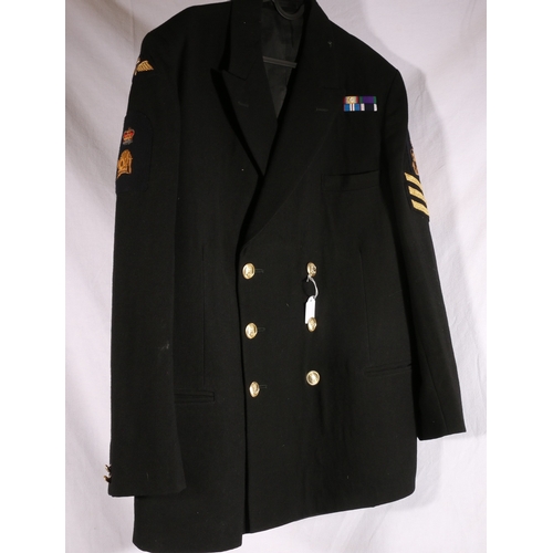 638 - British naval uniform dress black jacket with bullion crossed anchors, Diver's helmet and parachute ... 