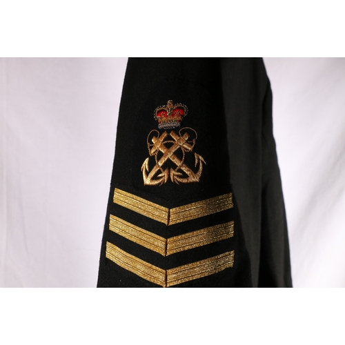 638 - British naval uniform dress black jacket with bullion crossed anchors, Diver's helmet and parachute ... 