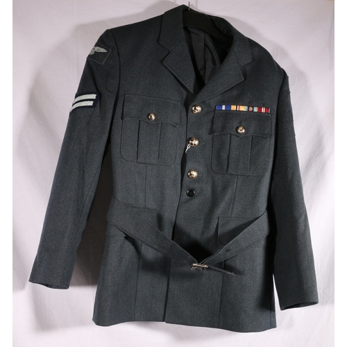 644 - Royal Air force uniform dress blue tunic with buttons by Sperati PLC, cloth shoulder badges and meda... 