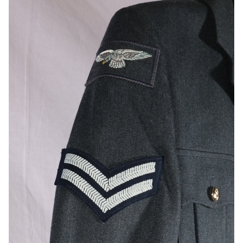 644 - Royal Air force uniform dress blue tunic with buttons by Sperati PLC, cloth shoulder badges and meda... 