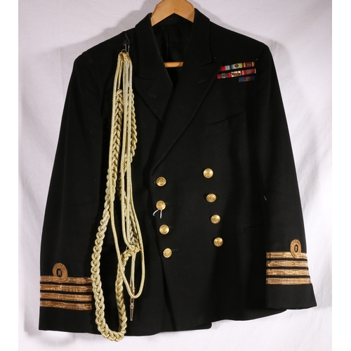 645 - British naval uniform dress black tunic with brass anchor buttons and medal ribbons for 1939-45 star... 