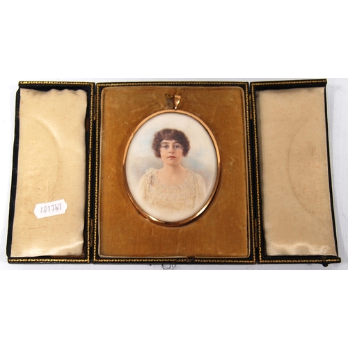 221 - Cased portrait miniature of a young lady, 9cm x 7cm.