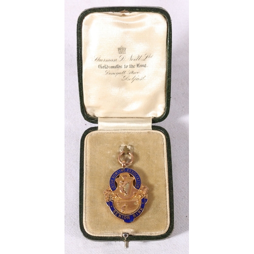 315 - Irish Bowling Association 9ct gold and enamel medal Senior Rink won by F C CLEGG and dated 1916, 8.2... 