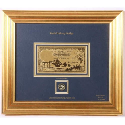 353 - Forth Railway Bridge framed display with brilliant uncirculated £1 and a gold leaf £1 banknote 1959,... 