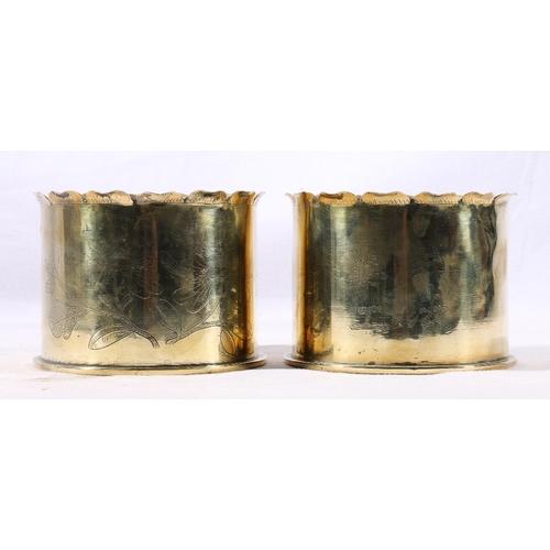 383 - A pair of trench art pots constructed from two Polte Magdeburg shells dated 1915 with incised Chines... 