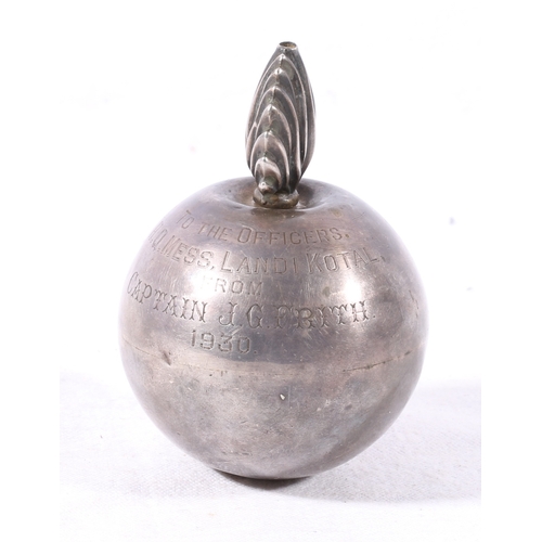 395 - Silver trophy in the form of a grenade with presentation inscription 