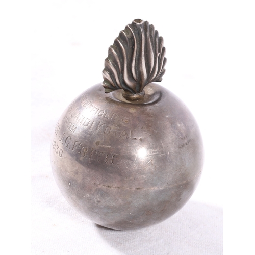 395 - Silver trophy in the form of a grenade with presentation inscription 