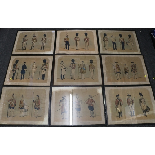 396 - B CLAYTON, nine framed colour engravings depicting military costumes, published by Ackermann circa 1... 