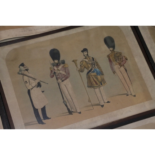 396 - B CLAYTON, nine framed colour engravings depicting military costumes, published by Ackermann circa 1... 