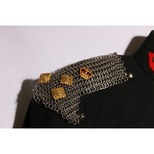 413 - British army dress uniform black jacket with chain male shoulders, 3rd Carabiniers staybrite buttons... 