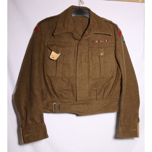 417 - British Army dress uniform khaki green tunic with label for James A Stewart Ltd dated 1946, Battledr... 