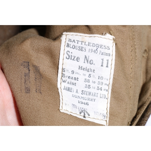 417 - British Army dress uniform khaki green tunic with label for James A Stewart Ltd dated 1946, Battledr... 