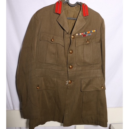 418 - British Army dress uniform khaki green jacket with brass buttons some by Pitt and Co of London and m... 