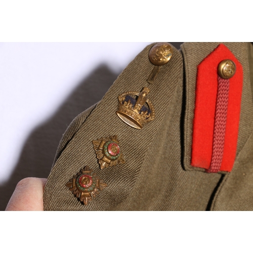 418 - British Army dress uniform khaki green jacket with brass buttons some by Pitt and Co of London and m... 