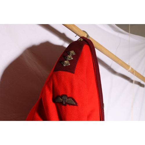 422 - British Army scarlet tunic with Bernard Weatherill Ltd label with Parachute regiment insignia includ... 