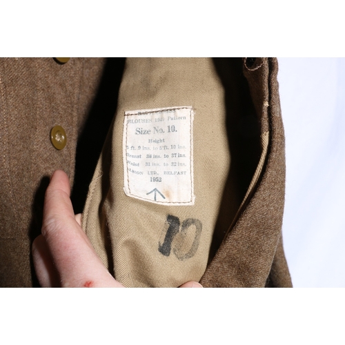 426 - British Army dress uniform khaki green tunic with Albion Ltd of Belfast label to interior dated 1952... 