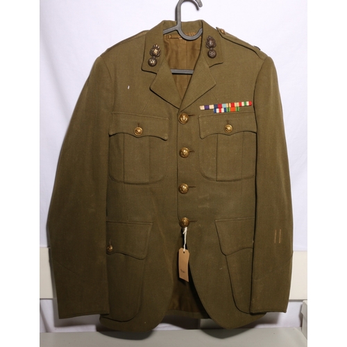 431 - British Army dress uniform khaki green jacket with Royal Scots Fusiliers collar badges, brass thistl... 