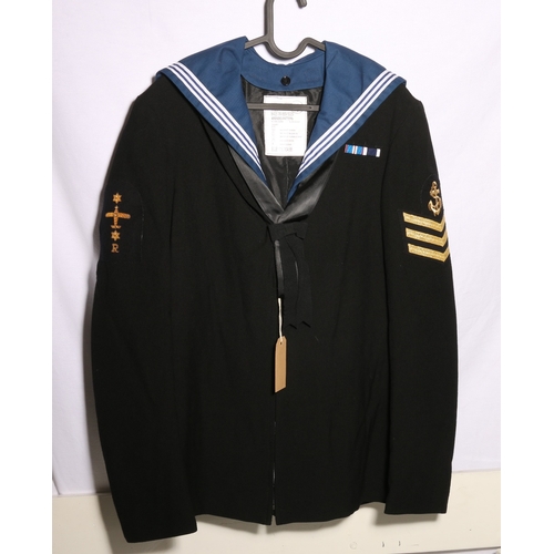 442 - Royal Navy dress uniform jumper with bullion anchor, triple chevron and airplane shoulder badges and... 