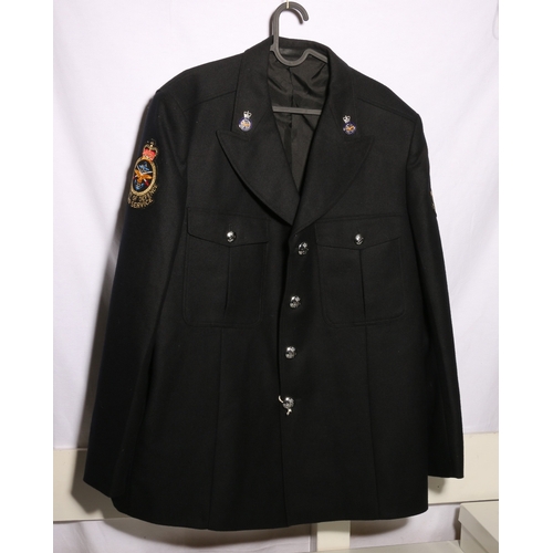 453 - Ministry Of Defence dress uniform black jacket with Dewhirst label with MOD enamel collar badges, ER... 