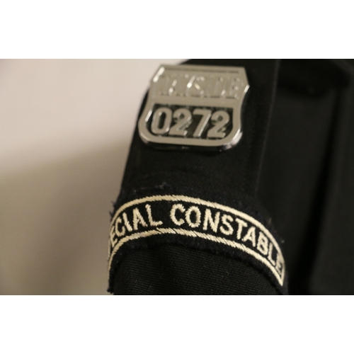 456 - Police dress uniform black jacket with Special Constable shoulder titles, Tayside 0272 badges and me... 