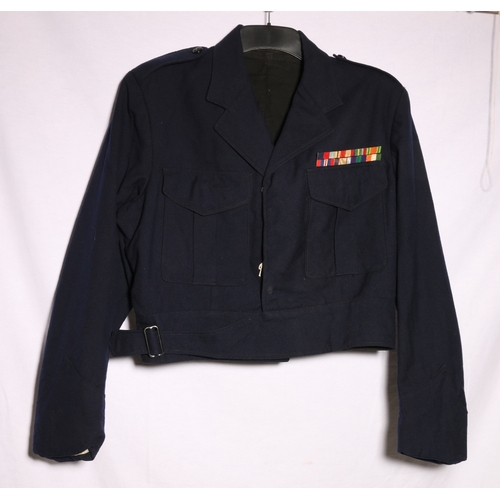 458 - Dress uniform blue jacket with interior RAAF label (possibly Royal Australian Air Force) having meda... 