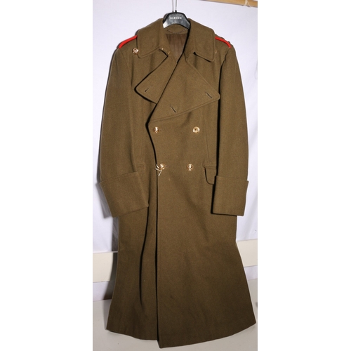 460 - British Army dress uniform khaki green long overcoat with The Royal Northumberland Fusiliers insigni... 