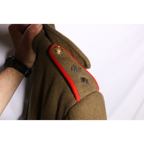 460 - British Army dress uniform khaki green long overcoat with The Royal Northumberland Fusiliers insigni... 