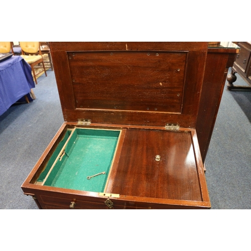 476 - Mahogany and inlaid silver chest with hinge top concealing lift out trays above eight faux drawers r... 