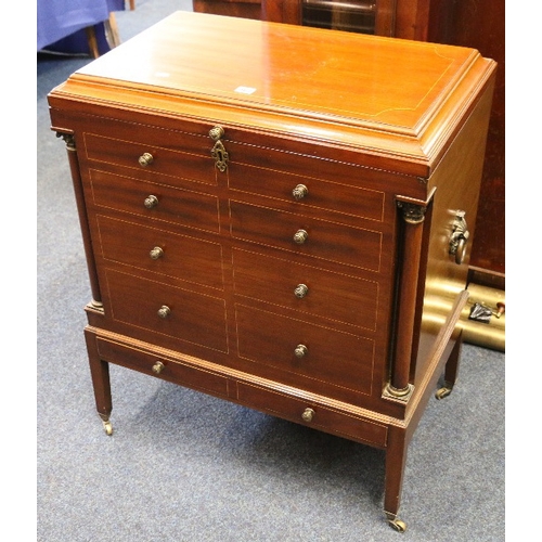 476 - Mahogany and inlaid silver chest with hinge top concealing lift out trays above eight faux drawers r... 